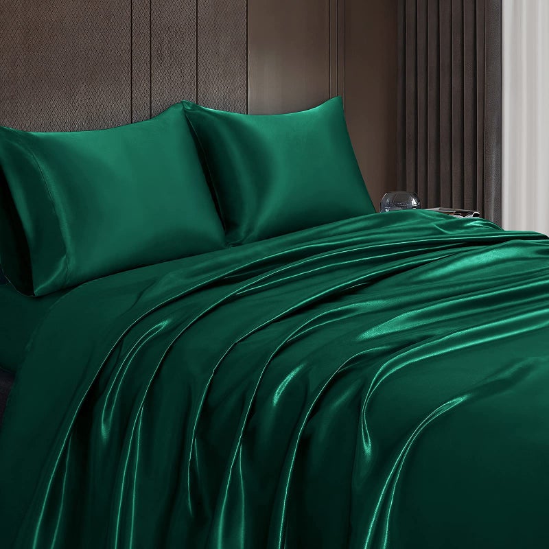 Homiest 4pcs Satin Sheets Set Luxury Silky Satin Bedding Set with Deep Pocket, 1 Fitted Sheet + 1 Flat Sheet + 2 Pillowcases (Cal King Size, Blackish Green) - Image 4
